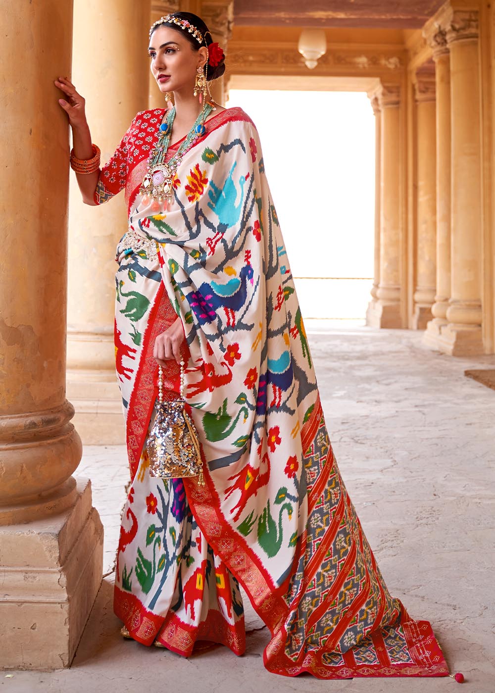 Daisy White Printed Patola Silk Saree with Zari Border & Tassels on Pallu : Top Pick