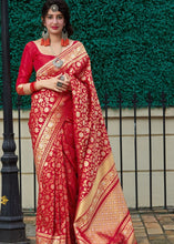 Load image into Gallery viewer, Cherry Red Banarasi Silk Saree with Floral  Zari work