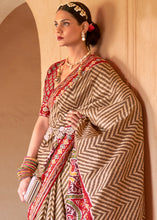 Load image into Gallery viewer, Brown &amp; Red Printed Patola Silk Saree with Zari Border &amp; Tassels on Pallu