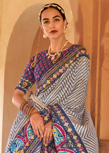 Shades Of Blue Printed Patola Silk Saree with Zari Border & Tassels on Pallu