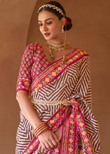 Load image into Gallery viewer, Brown &amp; Pink Printed Patola Silk Saree with Zari Border &amp; Tassels on Pallu