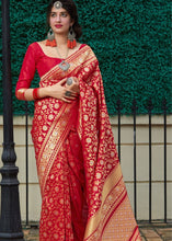 Load image into Gallery viewer, Cherry Red Banarasi Silk Saree with Floral  Zari work