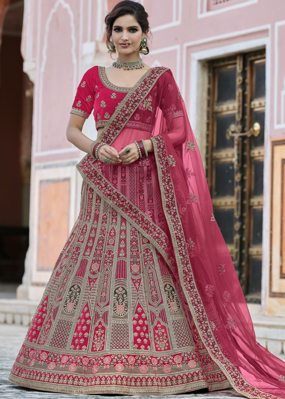 Cerise Pink Velvet Lehenga Choli Having Heavy Embroidery & Hand work: Bridal Edition