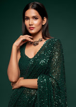 Carica l&#39;immagine nel visualizzatore Galleria,Sacramento Green Sequins &amp; Thread Embroidered Designer Georgette Saree