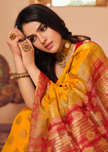 Load image into Gallery viewer, Golden Yellow Zari Butta Woven Raw Banarasi Silk Saree