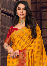Load image into Gallery viewer, Golden Yellow Zari Butta Woven Raw Banarasi Silk Saree