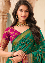 Load image into Gallery viewer, Pine Green Zari Butta Woven Raw Banarasi Silk Saree