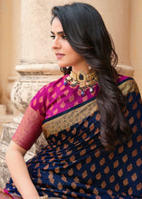 Load image into Gallery viewer, Navy Blue Zari Butta Woven Raw Banarasi Silk Saree