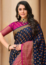 Load image into Gallery viewer, Navy Blue Zari Butta Woven Raw Banarasi Silk Saree