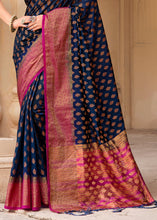 Load image into Gallery viewer, Navy Blue Zari Butta Woven Raw Banarasi Silk Saree