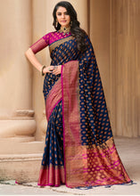 Load image into Gallery viewer, Navy Blue Zari Butta Woven Raw Banarasi Silk Saree