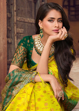 Load image into Gallery viewer, Chartreuse Yellow Zari Butta Woven Raw Banarasi Silk Saree