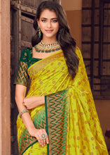 Load image into Gallery viewer, Chartreuse Yellow Zari Butta Woven Raw Banarasi Silk Saree