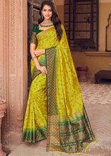 Load image into Gallery viewer, Chartreuse Yellow Zari Butta Woven Raw Banarasi Silk Saree