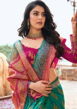Load image into Gallery viewer, Dark Cyan Green Zari Butta Woven Raw Banarasi Silk Saree