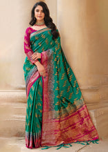 Load image into Gallery viewer, Dark Cyan Green Zari Butta Woven Raw Banarasi Silk Saree