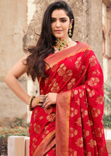 Load image into Gallery viewer, Ruby Red Zari Butta Woven Raw Banarasi Silk Saree