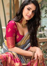 Load image into Gallery viewer, Stormy Grey Zari Butta Woven Raw Banarasi Silk Saree