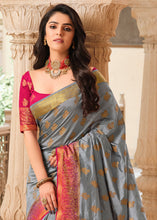 Load image into Gallery viewer, Stormy Grey Zari Butta Woven Raw Banarasi Silk Saree