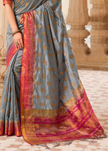 Load image into Gallery viewer, Stormy Grey Zari Butta Woven Raw Banarasi Silk Saree