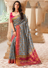 Load image into Gallery viewer, Stormy Grey Zari Butta Woven Raw Banarasi Silk Saree