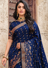 Load image into Gallery viewer, Berry Blue Zari Butta Woven Raw Banarasi Silk Saree