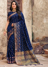 Load image into Gallery viewer, Berry Blue Zari Butta Woven Raw Banarasi Silk Saree