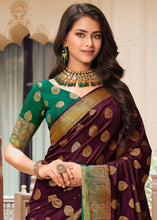 Load image into Gallery viewer, Plum Purple Zari Butta Woven Raw Banarasi Silk Saree