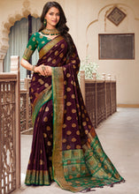 Load image into Gallery viewer, Plum Purple Zari Butta Woven Raw Banarasi Silk Saree