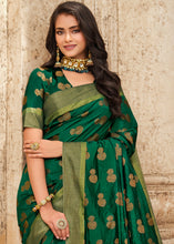Cargar imagen en el visor de la galería, Forest Green Zari Butta Woven Raw Banarasi Silk Saree