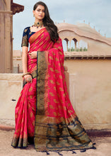 Load image into Gallery viewer, Fiery Rose Pink Zari Butta Woven Raw Banarasi Silk Saree