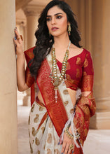 Load image into Gallery viewer, Rice White Zari Butta Woven Raw Banarasi Silk Saree