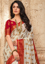 Load image into Gallery viewer, Rice White Zari Butta Woven Raw Banarasi Silk Saree
