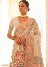 Load image into Gallery viewer, Parchment White Banarasi Jamawar Kashmiri Woven Silk Saree