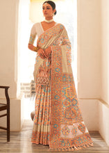 Load image into Gallery viewer, Parchment White Banarasi Jamawar Kashmiri Woven Silk Saree
