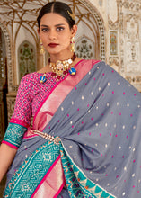 Load image into Gallery viewer, Pewter Grey Patola Printed Soft Cotton Silk Saree with Zari Border