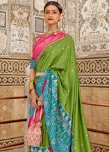Load image into Gallery viewer, Pear Green Patola Printed Soft Cotton Silk Saree with Zari Border