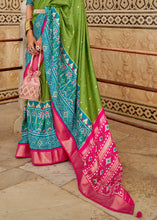 Load image into Gallery viewer, Pear Green Patola Printed Soft Cotton Silk Saree with Zari Border