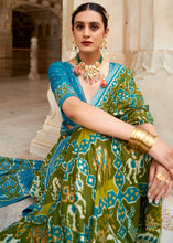 Load image into Gallery viewer, Olive Green Patola Printed Soft Cotton Silk Saree with Zari Border