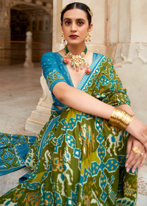 Olive Green Patola Printed Soft Cotton Silk Saree with Zari Border