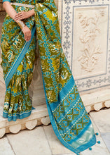 Load image into Gallery viewer, Olive Green Patola Printed Soft Cotton Silk Saree with Zari Border
