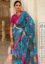 Load image into Gallery viewer, Cerulean Blue Patola Printed Soft Cotton Silk Saree with Zari Border