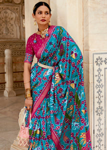 Cerulean Blue Patola Printed Soft Cotton Silk Saree with Zari Border