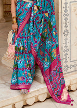 Load image into Gallery viewer, Cerulean Blue Patola Printed Soft Cotton Silk Saree with Zari Border