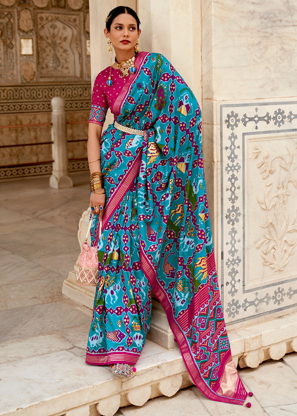 Cerulean Blue Patola Printed Soft Cotton Silk Saree with Zari Border