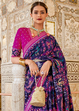 Load image into Gallery viewer, Navy Blue Patola Printed Soft Cotton Silk Saree with Zari Border