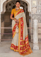 Load image into Gallery viewer, White &amp; Orange Patola Printed Soft Cotton Silk Saree with Zari Border