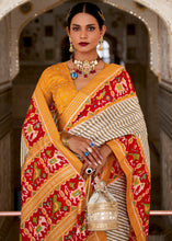 Load image into Gallery viewer, White &amp; Orange Patola Printed Soft Cotton Silk Saree with Zari Border