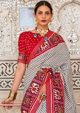 Load image into Gallery viewer, White &amp; Red Patola Printed Soft Cotton Silk Saree with Zari Border