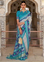Load image into Gallery viewer, White &amp; Blue Patola Printed Soft Cotton Silk Saree with Zari Border